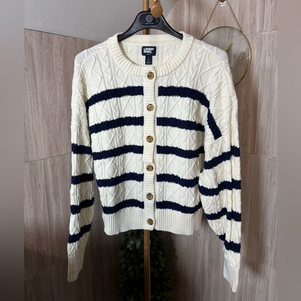 Lands End Drifters Classic Cable Women's Ivory Navy Blue Coastal Stripe Cardigan